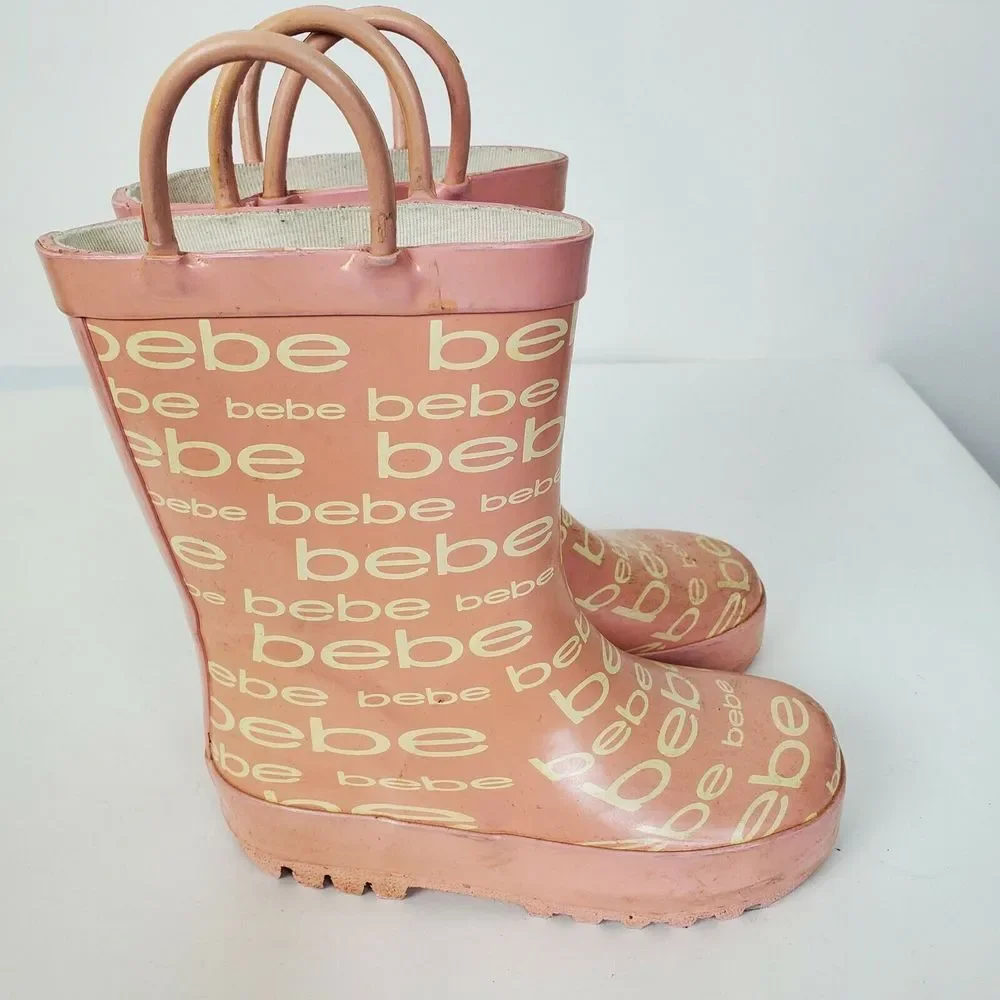 Bebe Kids‎ Girls Rain Boots Toddler Size 9-10 White Pink Pull-On GUC